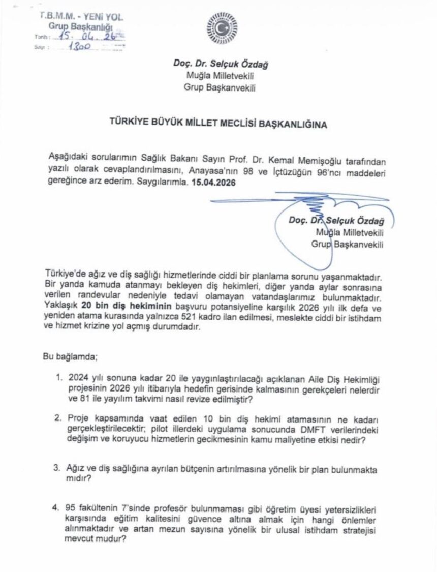 Selçuk Özdağ, Diş Hekimlerinin Atama Krizi Hakkında Önerge Verdi