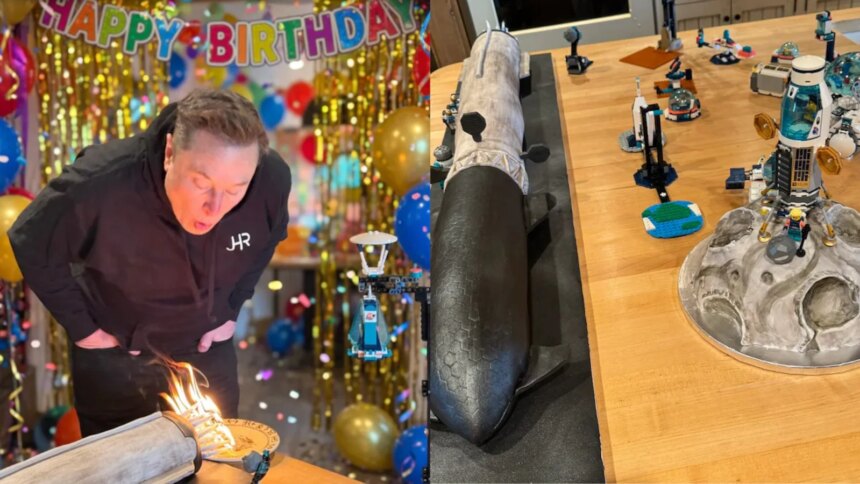 Elon Musks Birthday Cake Looked Like A Rocket Ready For Launch. Bonus: Moon Base-Themed Cake