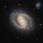 A face-on view of the barred spiral galaxy IC 486, showing a bright, elongated central bar and softly curving, ring-like spiral arms with subtle blue star-forming regions and dark dust lanes, set against a black background dotted with distant galaxies and a few foreground stars.