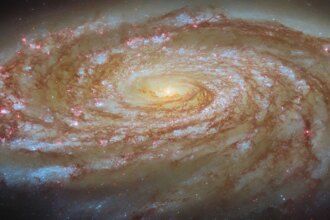 A large spiral galaxy. It is seen tilted at an angle, so that it is foreshortened and appears very wide. Its tightly-wound, blue spiral arms swirl out from its glowing center, spreading apart at the tips. They are followed by strands and clumps of dark red dust and spotted with pink dots where stars are forming in clouds of gas. The galaxy is surrounded by a slight glow and lies on a dark background.