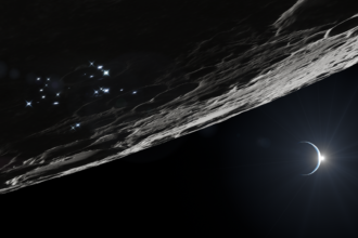 Current image: Representación digital de la región del Polo Sur lunar. Los puntos de luz brillantes esparcidos por la superficie lunar representan los componentes en superficie que apoyan las operaciones sostenidas con seres humanos y robots cerca del Polo Sur.