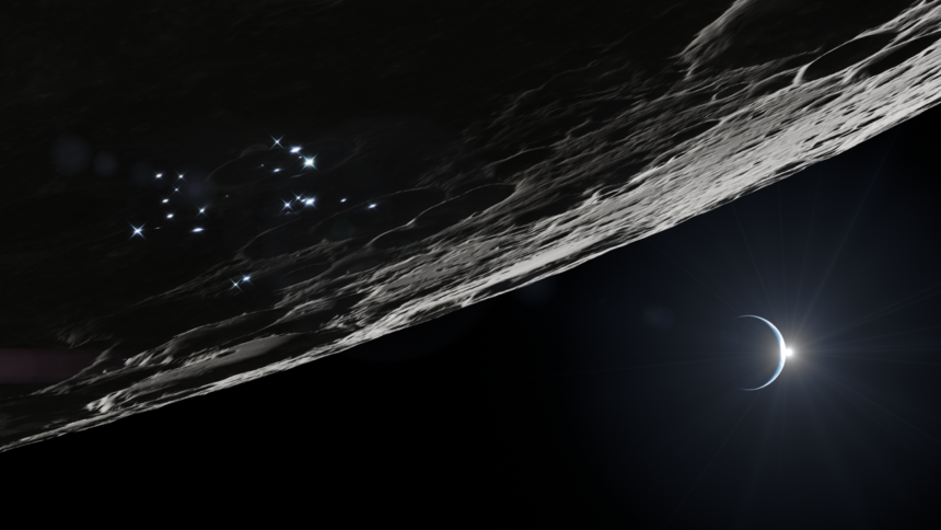 Current image: Representación digital de la región del Polo Sur lunar. Los puntos de luz brillantes esparcidos por la superficie lunar representan los componentes en superficie que apoyan las operaciones sostenidas con seres humanos y robots cerca del Polo Sur.