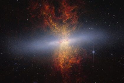 Hourglass-shaped plumes of gas shoot outward from above and below a bright disk-shaped center. The plumes are yellow near the galaxy’s bright center and gradually become redder as you move farther away. M82 is set against the black background of space, which has many distant galaxies that appear as small white and orange spirals, ovals, and points of light. On the right of M82 is a blue-white star with diffraction spikes.