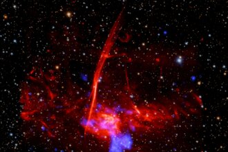 Set against a backdrop packed with distant stars and other specks of light are two distinct, overlapping clouds. The larger, visually dominant cloud, is red and multifaceted. It has an irregular shape, and features patches of different textures, including pockets that resemble wispy smoke, tangles of faint red veins, and clear streaking lines. This large cloud of expanding gas represents radio data from the MeerKAT telescope in South Africa. Overlapping with that red cloud is a cloudy blue blob representing X-ray data from NASA's Chandra X-ray Observatory and ESA's XMM-Newton.