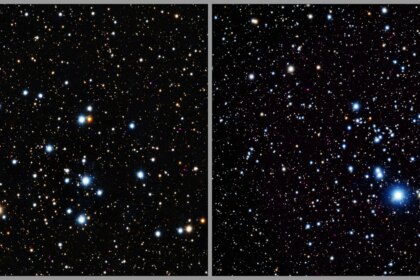 The images of Trumpler 3 and NGC 2353 are open clusters that contains hundreds of young stars that are gravitationally bound together because they formed from the same gas cloud. In this composite image of the clusters, X-rays from Chandra (purple) have been combined with an optical image from the PanSTARRS telescope in Hawaii (red, green, and blue). The stars look like fuzzy dots of different sizes dotting the darkness of space.