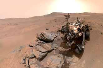 NASA’s Perseverance Mars rover appears to look into the camera in this selfie. The rover is at a rocky outcrop nicknamed “Arethusa”.