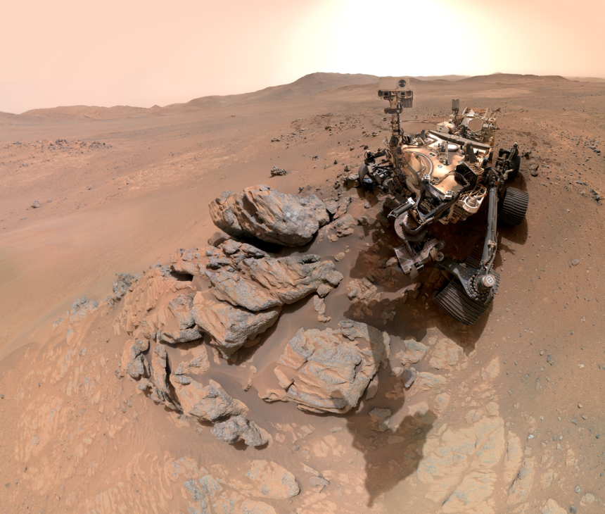 NASA’s Perseverance Mars rover appears to look into the camera in this selfie. The rover is at a rocky outcrop nicknamed “Arethusa”.