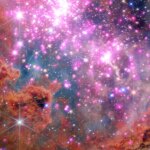 Scores of gleaming stars ringed in neon pink stretch across the frame, highlighting a cluster where stars are between one and three million years old. Brick-orange dust clouds along the bottom edge illustrate the raw materials of this active stellar nursery.