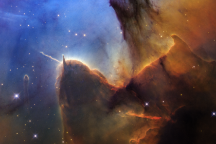 A rich, cosmic landscape is split in two. On the right side, clouds of reddish-black dust billow. On the left, stars sparkle across a dark-blue background.