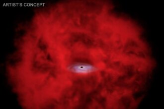 An artist's illustration of an X-ray dot. A growing supermassive black hole is at the center of a large, patchy sphere of red gas.