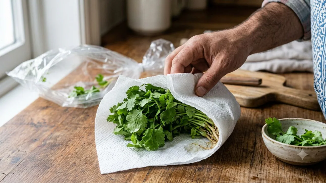 Wrap it in a paper towel for a long lasting corriander