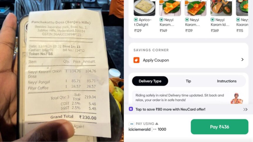 Restaurant Bill vs Swiggy Bill: Viral Post Shows Rs 206 Difference For Same Order