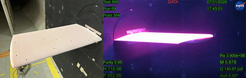 NASA Model Wing Lights Up During First Pressure Sensitive Paint Tests